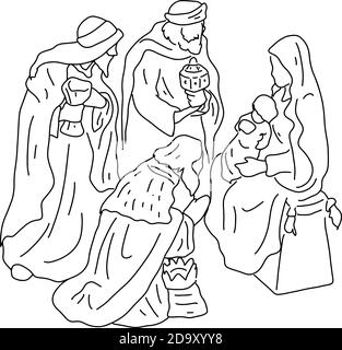 Drei Weise Männer mit Jesus und maria Vektor-Illustration Skizze Doodle Hand gezeichnet mit schwarzen Linien isoliert auf weißem Hintergrund. Weihnachtsfeiertag Konz Stock Vektor