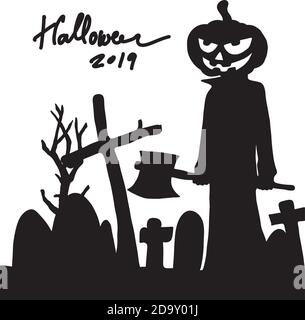 Halloween Kürbis Mann mit Axt auf dem Friedhof Silhouette Vektor Illustration Skizze Doodle Hand gezeichnet mit schwarzen Linien isoliert auf Weißer Hintergrund Stock Vektor