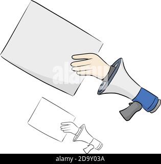 Hand von Geschäftsmann aus Megaphon mit leerem Papier Vektor-Illustration Skizze Doodle Hand gezeichnet isoliert auf weißem Hintergrund Stock Vektor