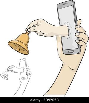 Hand hält Smartphone mit Benachrichtigung Glocke Vektor Illustration Skizze Doodle Handgezeichnet mit schwarzen Linien isoliert auf weißem Hintergrund Stock Vektor