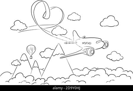 Flugzeug fliegen in den Himmel mit Herz-Form Band Vektor-Illustration Skizze Doodle Hand gezeichnet mit schwarzen Linien isoliert auf weiß Hintergrund Stock Vektor