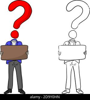 Mann mit Kopf des Fragezeichens mit braunem leerem Schild vektor-Illustration Skizze Doodle Hand gezeichnet isoliert auf weißem Hintergrund Stock Vektor