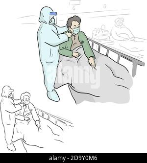 Arzt trägt PSA-Anzug und OP-Maske und Kontrolle infiziert Patient in Covid-19 Quarantäne Raum Vektor Illustration Skizze Doodle Hand Gezeichnet mit Stock Vektor