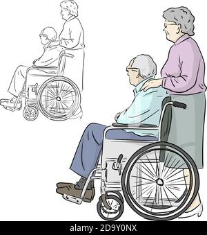 Alte Frau stehend mit Mann auf Rollstuhl sitzend Vektor-Illustration Skizze Doodle Hand gezeichnet mit schwarzen Linien isoliert auf weiß Hintergrund Stock Vektor