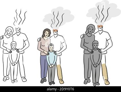 Konzept des Rauchverbots und Welt No Tobacco Day mit Familie in drei Version Vektor-Illustration Skizze Doodle Hand gezeichnet Mit schwarzen Linien isoliert auf Stock Vektor