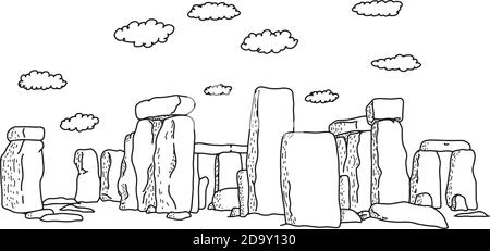 stonehenge mit Wolken Vektor-Illustration Skizze Doodle Hand gezeichnet mit schwarzen Linien isoliert auf weißem Hintergrund. Reise- und Tourismuskonzept. Stock Vektor