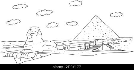 sphinx und Pyramiden bei Giza von Ägypten Vektor-Illustration Skizze Doodle Hand gezeichnet mit schwarzen Linien isoliert auf weißem Hintergrund. Reisen und Tourismus Co Stock Vektor