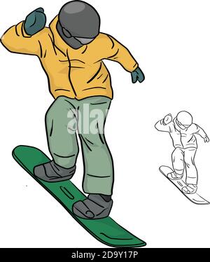 Snowboarder mit gelber Jacke und Helm Vektor Illustration Skizze Doodle Handgezeichnet mit schwarzen Linien isoliert auf weißem Hintergrund Stock Vektor