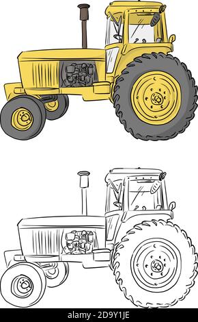 Seitenansicht von Retro-gelben Traktor Vektor Illustration Skizze Doodle Handgezeichnet isoliert auf weißem Hintergrund Stock Vektor
