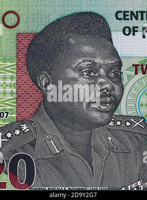 Murtala Muhammed Portrait über Nigeria 20 Naira Banknote Nahaufnahme Makro, afrikanisches nigerianisches Geld Nahaufnahme Stockfoto