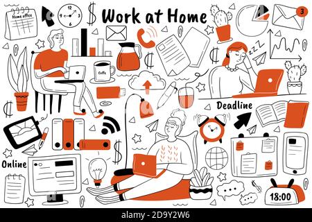 Arbeiten zu Hause Doodle Set Stock Vektor