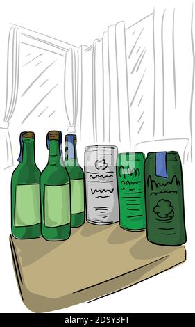 Flasche und Dose Bier auf dem Tisch im Zimmer vektor-Illustration Skizze Doodle Hand gezeichnet mit schwarzen Linien isoliert Auf weißem Hintergrund Stock Vektor