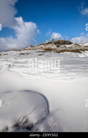 Cheesewring; im Schnee; Cornwall, UK Stockfoto