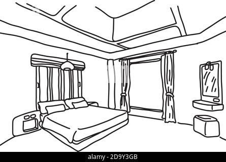 Schlafzimmer Vektor Illustration Skizze Doodle Hand gezeichnet mit schwarzen Linien Isoliert auf weißem Hintergrund Stock Vektor