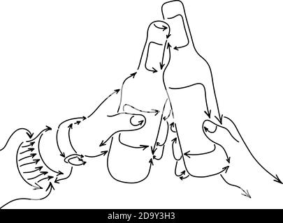 Hand hält Bierflasche Jubel aus Pfeile Vektor-Illustration gemacht Skizze Doodle Hand gezeichnet mit schwarzen Linien isoliert auf weiß Hintergrund Stock Vektor