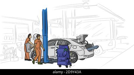 Auto Mechaniker arbeiten in Auto-Reparatur-Service-Vektor-Illustration mit Schwarze Linien auf weißem Hintergrund isoliert Stock Vektor