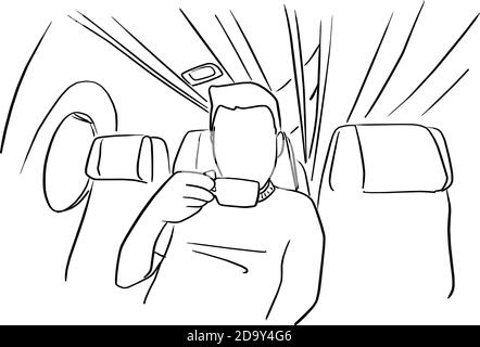 Mann trinkt heißen Kaffee auf dem Flugzeug Vektor Illustration Skizze doodle handgezeichnet mit schwarzen Linien isoliert auf weißem Hintergrund Stock Vektor
