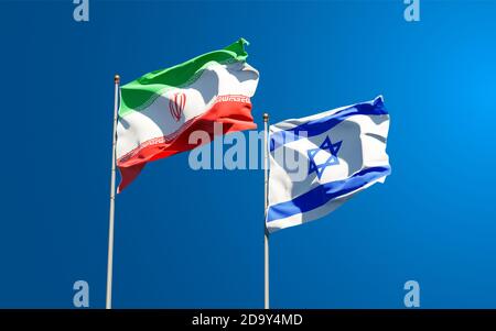 Schöne Nationalstaaten Flaggen von Iran und Israel zusammen am Himmel Hintergrund. 3D-Artwork-Konzept. Stockfoto