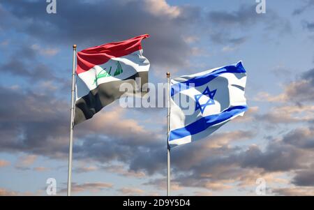 Schöne Nationalstaaten Flaggen von Irak und Israel zusammen am Himmel Hintergrund. 3D-Artwork-Konzept. Stockfoto