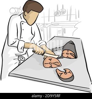 Koch in Uniform schneiden Fisch auf Tisch in Küche Vektor-Illustration mit schwarzen Linien isoliert auf weißem Hintergrund. Stock Vektor