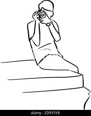 Mann nimmt ein Foto Vektor Illustration Skizze Doodle Hand gezeichnet Mit schwarzen Linien isoliert auf weißem Hintergrund Stock Vektor