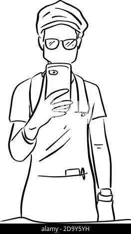 Mann mit Brille macht Foto selbst auf dem Spiegel in toilette Vektor Illustration Skizze Doodle Hand gezeichnet mit schwarzen Linien Isoliert auf weißem Hintergrund Stock Vektor