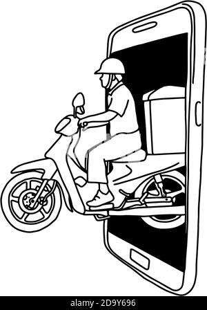 Mann Reiten Motorrad aus dem großen Bildschirm des Smartphone-Vektor-Illustration Skizze Doodle Hand mit schwarzen Linien isoliert auf weißem Hintergrund gezeichnet. Stock Vektor