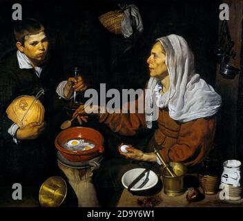 Titel: Eine alte Frau, die Eier kocht Ersteller: Diego Rodriguez de Silva y Velazquez Datum: 1618 Medium: Öl auf Leinwand Größe: 100.5 x 119 cm Ort: National Galleries of Scotland, Edinburgh Stockfoto