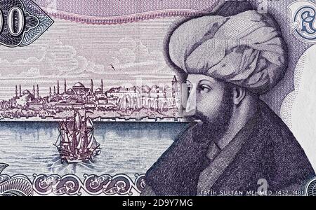 Sultan Mehmed II der Eroberer Porträt auf türkischen 1000 Lira Banknotenmakro, Türkei Geld Nahaufnahme Stockfoto