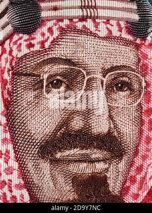 Saudi-Arabien König Saud bin Abdulaziz Gesicht auf 20 riyals Banknote Makro, Saudi-arabischen Geld Nahaufnahme Stockfoto