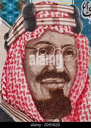 Saudi-Arabien König Saud bin Abdulaziz Porträt auf 20 riyals Banknotenmakro, Saudi-arabisches Geld Nahaufnahme Stockfoto