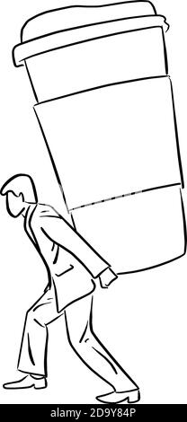Geschäftsmann hält großen Kaffee zum Mitnehmen an seinem Rücken Vektor-Illustration Skizze Doodle Hand gezeichnet mit schwarzen Linien isoliert auf weiß Hintergrund Stock Vektor