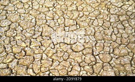 Globale Erwärmung Problem geknackt Erde und trockenes Wasser ist weicher Fokus, Vollbildaufnahme von geknacktem Land, Bodenstruktur, verblasst, schwache Reds Stockfoto