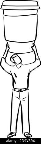Mann hält großen Kaffee zum Mitnehmen an seinem Rücken Vektor-Illustration Skizze Doodle Hand gezeichnet mit schwarzen Linien isoliert auf weiß Hintergrund Stock Vektor