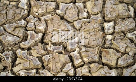 Globale Erwärmung Problem geknackt Erde und trockenes Wasser ist weicher Fokus, Vollbildaufnahme von geknacktem Land, Bodenstruktur, verblasst, schwache Reds Stockfoto