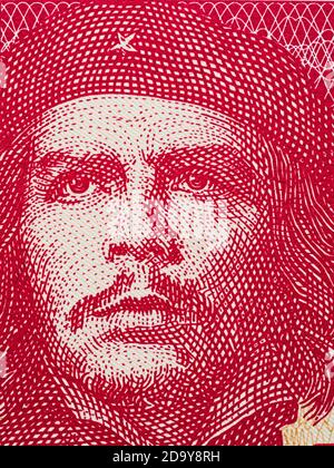 Ernesto Che Guevara Porträt auf kubanischen 3 Pesos Banknote Nahaufnahme Makro, Kuba Geld Nahaufnahme Stockfoto