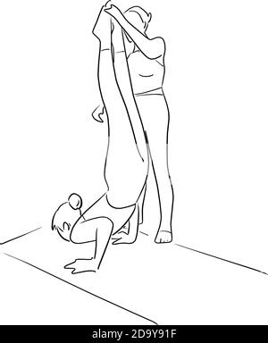 Fitness Frau Yoga mit ihrem Lehrer im Raum Vektor-Illustration mit schwarzen Linien isoliert auf weißem Hintergrund. Stock Vektor