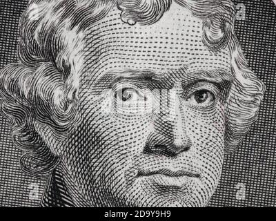 US-Präsident Thomas Jefferson Porträt auf uns zwei-Dollar-Rechnung Makro, vereinigten Staaten Geld Nahaufnahme Stockfoto