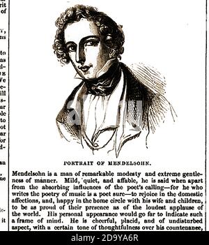 1842 PORTRÄT und zeitgenössische Beschreibung der Persönlichkeit und des Charakters des Komponisten Felix Mendelsohn. -- mit dem vollen Namen Jakob Ludwig Felix Mendelssohn Bartholdy war er ein deutscher Komponist, Pianist, Organist und Dirigent der Frühromantik. Zu seinen Kompositionen gehörten Sinfonien, Konzerte, Orgelmusik, Klaviermusik und Kammermusik. Stockfoto