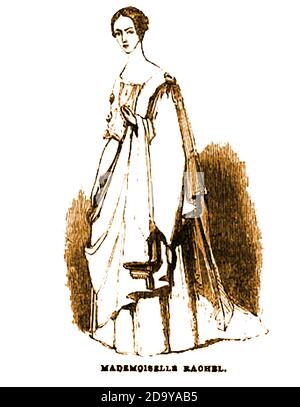 Ein Porträt der französischen Schauspielerin Elisabeth Félix, besser bekannt als Mademoiselle Rachel (1821 – 1858). Sie war eine prominente Figur in der französischen Gesellschaft und wurde die Geliebte einer Reihe von Prominenten, darunter Napoleon III, Napoléon Joseph Charles Paul Bonaparte und Alexandre Colonna-Walewski, Der uneheliche Sohn Napoleons I. weil Zeitungen versuchten, Bilder von Rachel auf ihrem Sterbebett zu veröffentlichen, führte ein politischer Schritt in Frankreich zur Einführung neuer Datenschutzgesetze. Stockfoto