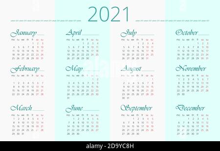 2021 Kalendervorlage. 12 Monate, Englisch. Horizontal einfaches und sauberes Design Stock Vektor