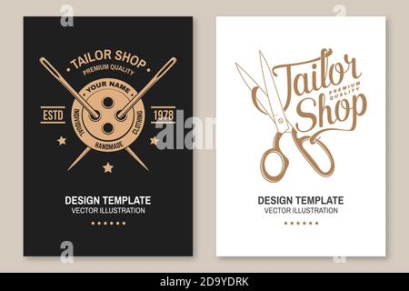 Set von Tailor Shop Cover, Einladungen, Plakate, Banner, Flyer, Plakate. Vektorgrafik. Template-Design für Branding, Werbung für Nähgeschäft Stock Vektor