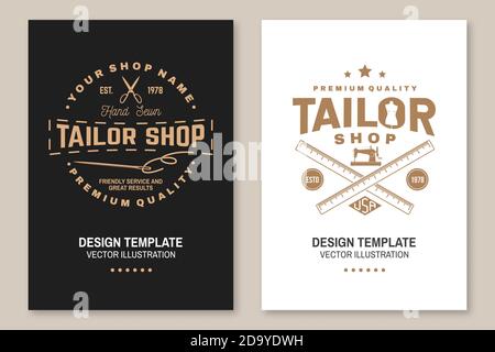 Set von Tailor Shop Cover, Einladungen, Plakate, Banner, Flyer, Plakate. Vektorgrafik. Template-Design für Branding, Werbung für Nähgeschäft Stock Vektor