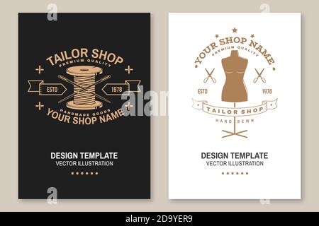 Set von Tailor Shop Cover, Einladungen, Plakate, Banner, Flyer, Plakate. Vektorgrafik. Template-Design für Branding, Werbung für Nähgeschäft Stock Vektor