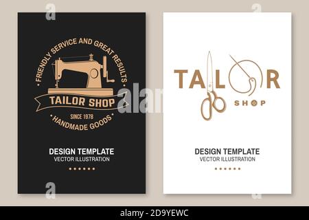 Set von Tailor Shop Cover, Einladungen, Plakate, Banner, Flyer, Plakate. Vektorgrafik. Template-Design für Branding, Werbung für Nähgeschäft Stock Vektor