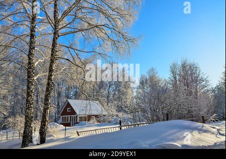 Altes hölzernes Dorfhaus am Rande des Winterwaldes mit Lacy Kronen von schneebedeckten Bäumen. Wunderschönes frostiges, sonniges Wetter und blauer Himmel. Winterland Stockfoto