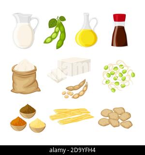 Set von verschiedenen Soja-Produkt in einem flachen Cartoon-Stil Milch, Öl, Sojasauce, Mehl, Tofu, Miso, Fleisch, Tofu Haut, Sprossen Vektor Stock Vektor