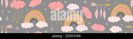 Boho nahtlose horizontale Grenze. Farbige handgezeichnete Objekte auf grauem Hintergrund. Vektorgrafik. Stock Vektor