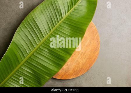 Bananenblatt Hintergrund, Bananenblatt und hölzerne kreisförmige Basis auf Marmor Hintergrund. Stockfoto
