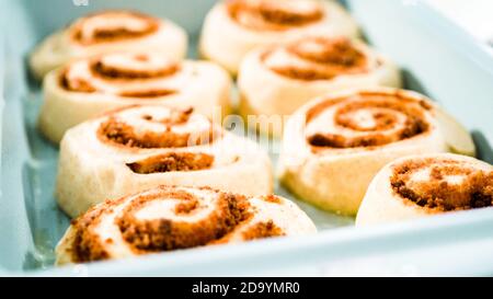 Ungebackene Zimtbrötchen in einer blauen Backform. Stockfoto